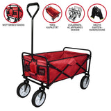 Faltbarer Gartenwagen in leuchtendem Rot mit robustem Gestell, großen Rädern und praktischem, wetterbeständigem Stoff für vielseitige Anwendungen