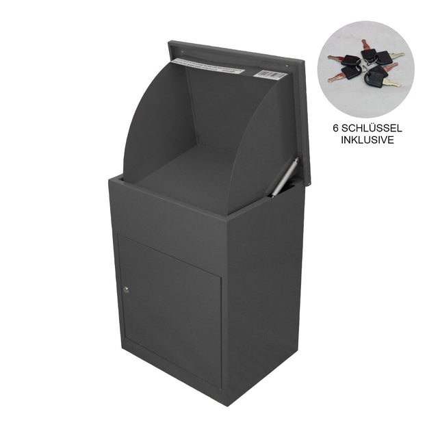 Grau lackierter Paketkasten mit abgerundeter Oberseite, stabiler Metallkonstruktion und Tür mit Schlüssel, ideal für die sichere Paketannahme