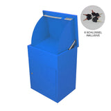 Blauer Paketkasten aus robustem Material mit abgerundeter Oberseite, schlüsselsicherem Fach und sechs enthaltenen Schlüsseln für einfachen Zugang