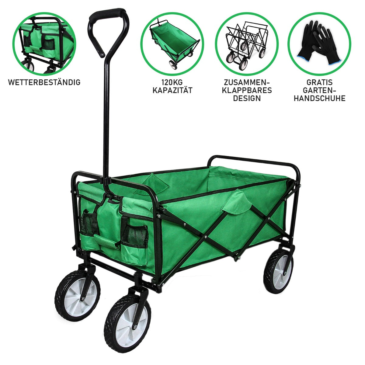 Faltbarer Gartenwagen in leuchtendem Grün mit stabiler schwarzer Struktur, großen Rädern und praktischen Taschen für Werkzeuge und Zubehör