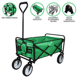 Faltbarer Gartenwagen in leuchtendem Grün mit stabiler schwarzer Struktur, großen Rädern und praktischen Taschen für Werkzeuge und Zubehör