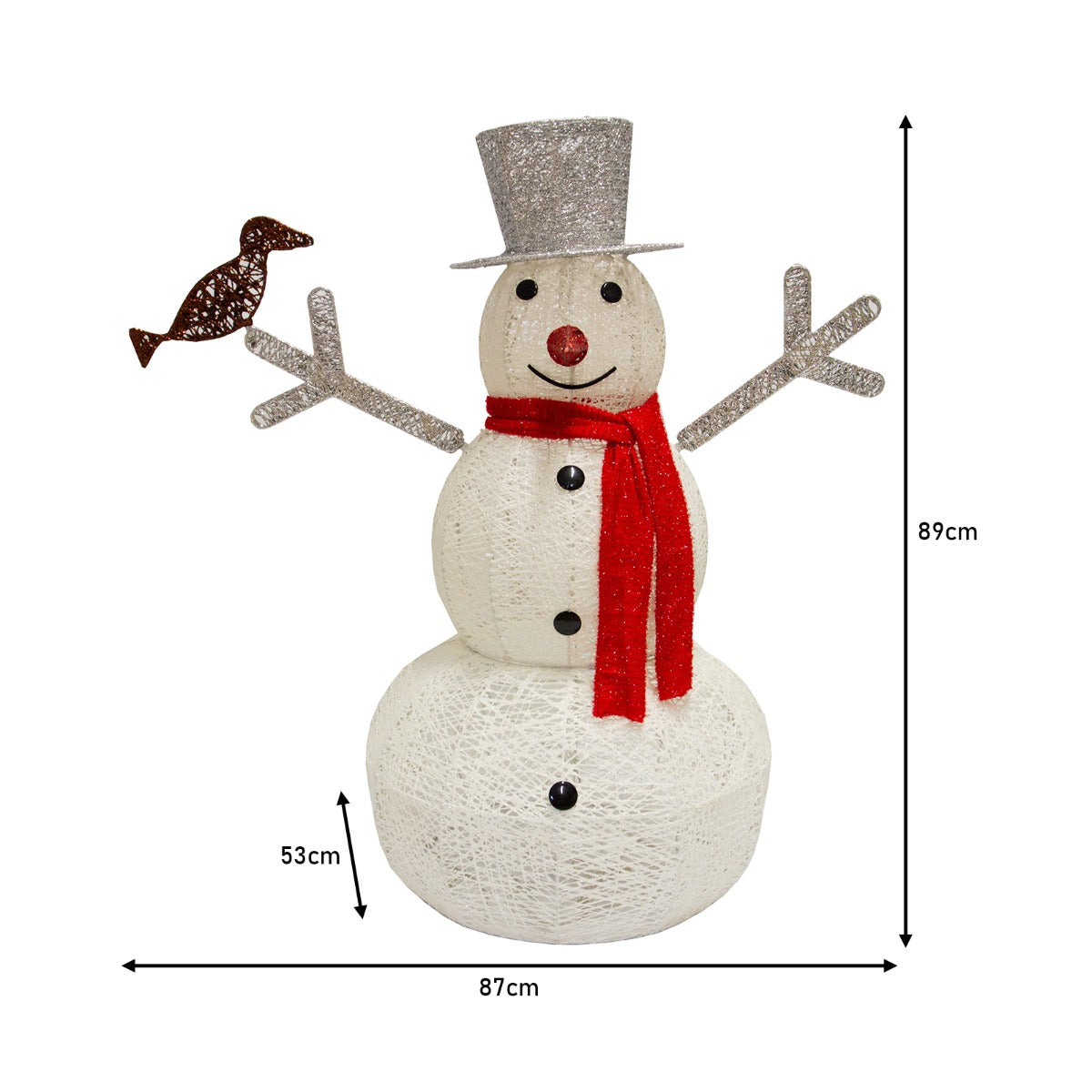Beleuchteter Schneemann in Weiß mit glitzerndem Hut, rotem Schal und fröhlichem Gesicht, umgeben von einem kleinen Vogel, 89 cm hoch