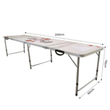 Langer, faltbarer Bier Pong Tisch in Silber mit weißen Spielfeldern, 240 cm lang, 60 cm breit und 70 cm hoch, ideal für Partys und Spieleabende