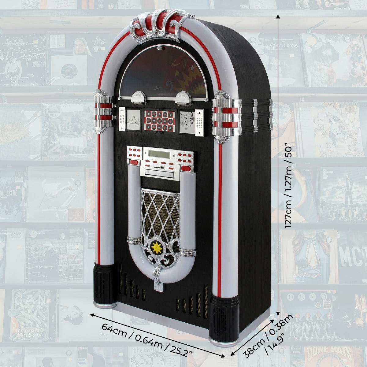 Retro Jukebox aus schwarzem Holz mit silbernen und roten Akzenten, 127 cm hoch, 64 cm breit, 38 cm tief, ideal für Vinyl-Liebhaber und Nostalgiker