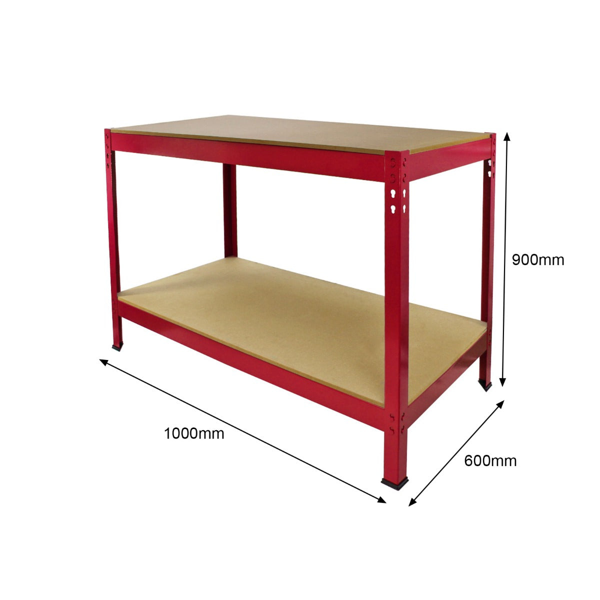 Robuste Q-Rax Werkbank in leuchtendem Rot mit einer stabilen MDF-Oberfläche, zwei Ebenen und einer Höhe von 90 cm, ideal für Werkstätten und Garagen