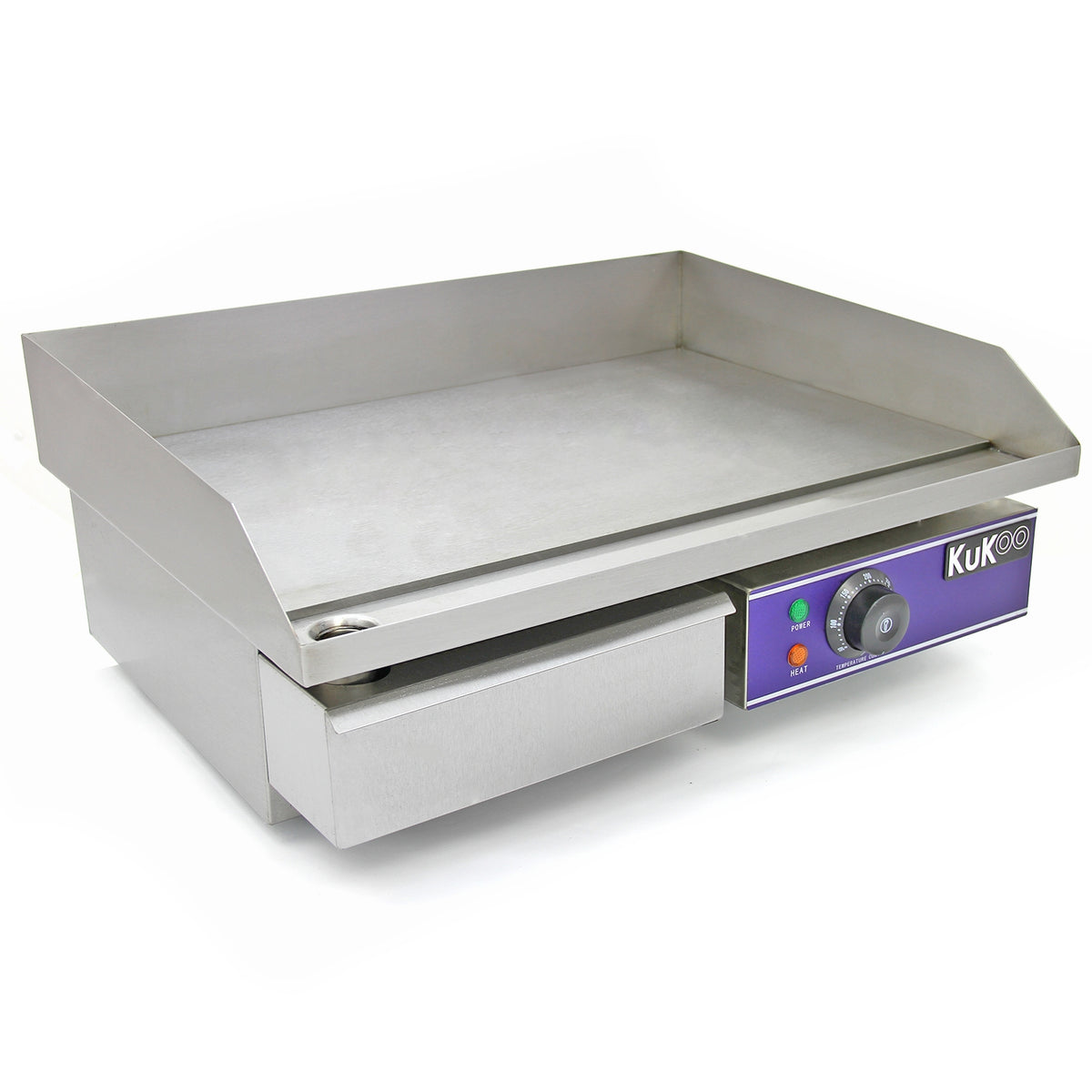 Edelstahl-Gastro-Griddle-Platte mit glatter Oberfläche, praktischen Bedienelementen und seitlichem Ablagefach für eine effiziente Grillzubereitung
