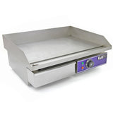 Edelstahl-Gastro-Griddle-Platte mit glatter Oberfläche, praktischen Bedienelementen und seitlichem Ablagefach für eine effiziente Grillzubereitung