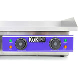 Gastro Griddle Platte Grillplatte 70cm in Edelstahl mit blauer Front, zwei Temperaturreglern und grünen Kontrollleuchten für Power und Hitze