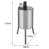 Hochwertige elektrische Honigschleuder aus Edelstahl, glänzende Oberfläche, runde Form, mit Motor und stabilen Füßen, Maße: 112 cm hoch, 58 cm Durchmesser