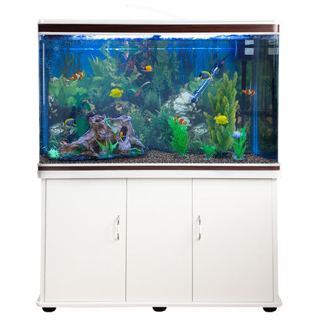 300L Aquarium Komplettset mit weißem Unterschrank, lebendige Fische, bunte Pflanzen, natürlicher Stein, klare Wasseroberfläche und dekorative Elemente