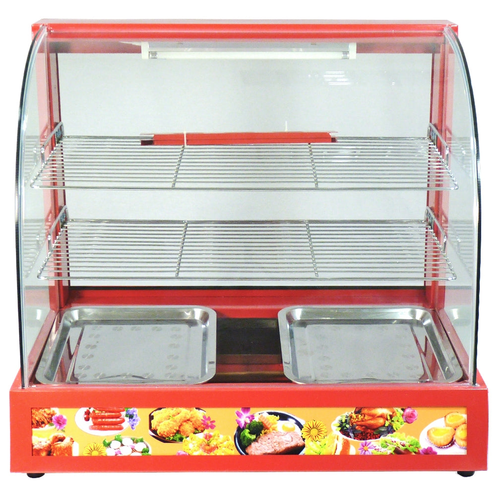Rote Speisevitrine mit transparentem Glas, zwei Edelstahlblechen und mehreren Regalen, ideal für die Präsentation von Lebensmitteln und Snacks