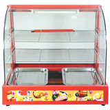 Rote Speisevitrine mit transparentem Glas, zwei Edelstahlblechen und mehreren Regalen, ideal für die Präsentation von Lebensmitteln und Snacks