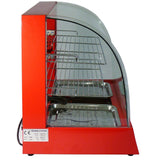 Rote Speisevitrine mit gebogenem Glas, drei Edelstahlregalen und zwei Behältern, ideal für die Präsentation von Speisen in Gastronomiebetrieben