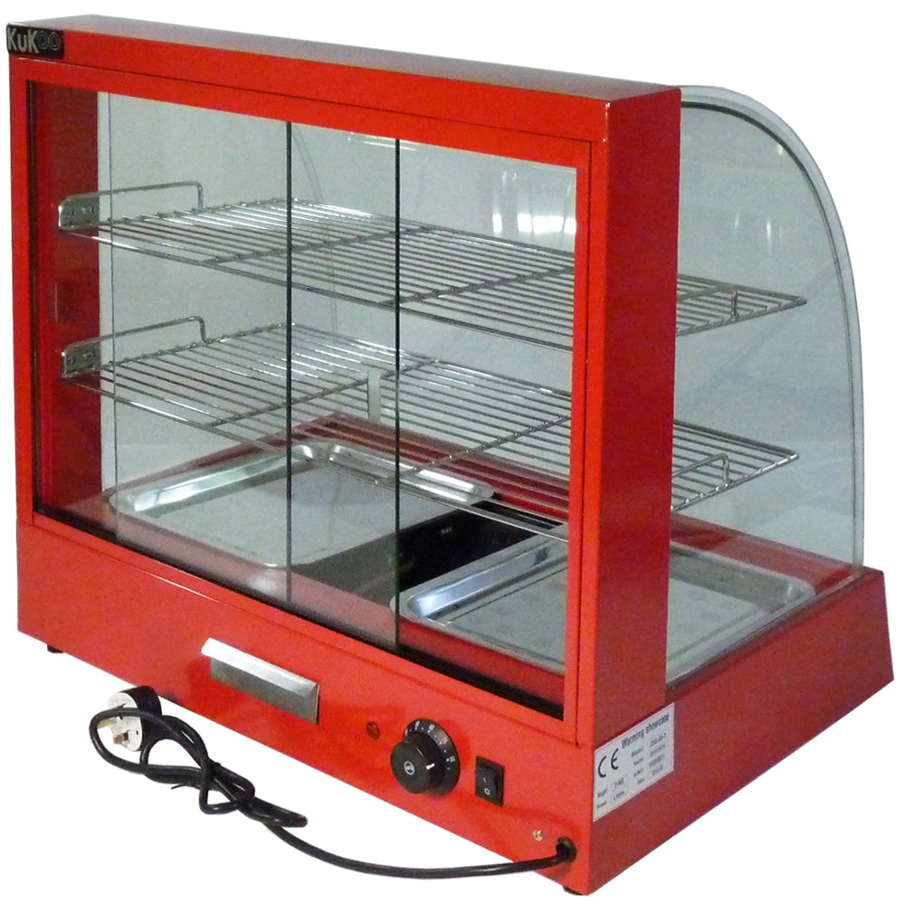 Rote Speisevitrine mit transparenten Glastüren, zwei verstellbaren Gitterregalen und einem Heizfeld für die Präsentation von Speisen