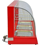 Rote KuKoo Vitrine mit gebogenem Glas, drei Edelstahlablagen und Kabel, ideal für die Präsentation von Speisen in einem Gastronomiebetrieb