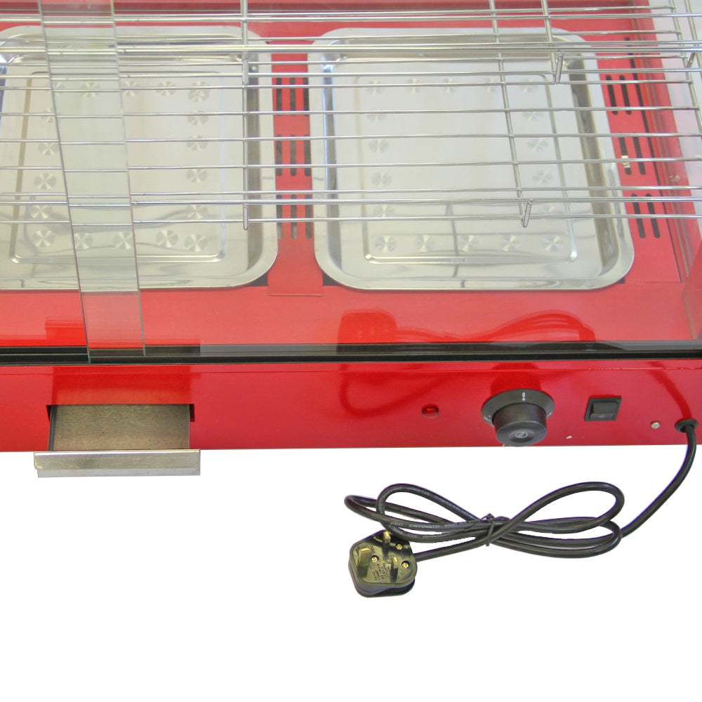 Rote KuKoo Vitrine mit Glasfront, zwei Edelstahlbehältern, verstellbarem Temperaturregler und Stromkabel, ideal für die Präsentation von Speisen