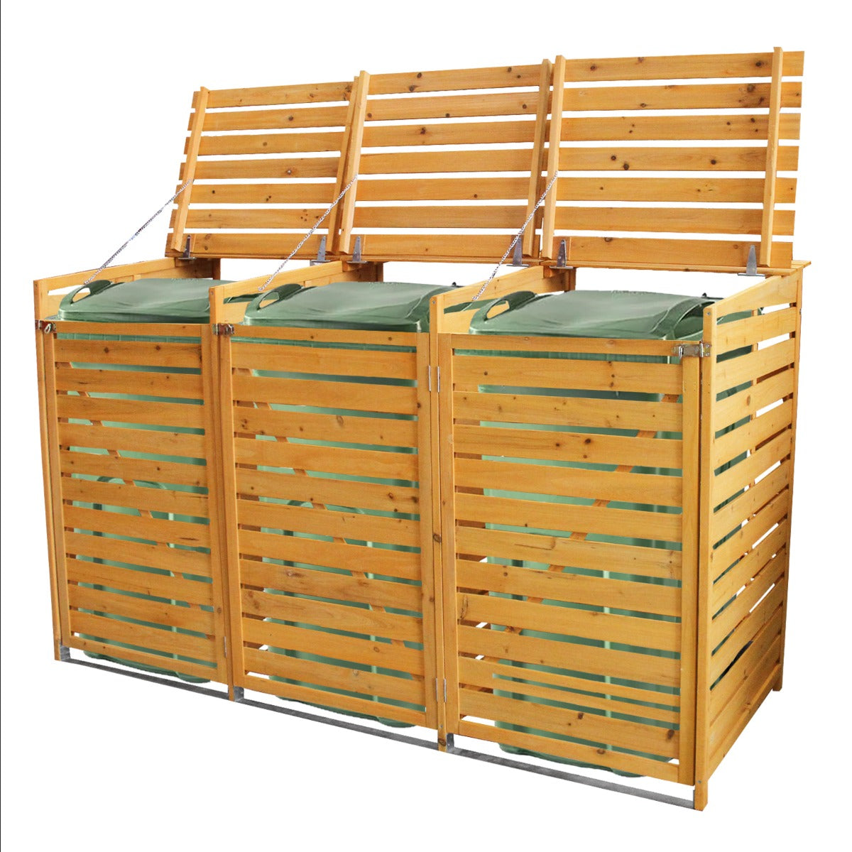 Mülltonnenverkleidung aus hellem Holz mit drei Fächern, grüne Abdeckungen, vertikale Lamellen und stabiler Metallbasis für Gartenabfälle