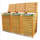 Mülltonnenverkleidung aus hellem Holz mit drei Fächern, grüne Abdeckungen, vertikale Lamellen und stabiler Metallbasis für Gartenabfälle