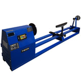 Drechselbank T-Mech in leuchtendem Blau mit stabiler Bauweise, verstellbarem Handrad und präziser Steuerung für Holzverarbeitung und Handwerk