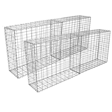 Vier Gabionenkörbe aus verzinktem Draht, rechteckig, mit offenen Gitterstrukturen, ideal für Garten- und Landschaftsbau, Maße 100 x 95 x 30 cm