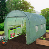 Polytunnel in sanftem Grün, 5m x 2m, mit Regalen für Pflanzen, umgeben von Erde und Pflanzen, ideal für Gartenliebhaber und Anbau von Gemüse