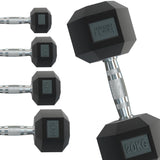 Schwarze Hex-Hanteln mit silbernem Griff, gewichtet mit 20 kg, in einer Reihe angeordnet, ideal für effektives Krafttraining und Fitnessübungen