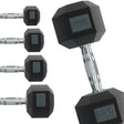 Schwarze Hex-Hanteln mit rutschfestem Griff, Gewichtsangaben von 5kg bis 30kg, ideal für effektives Krafttraining zu Hause oder im Fitnessstudio