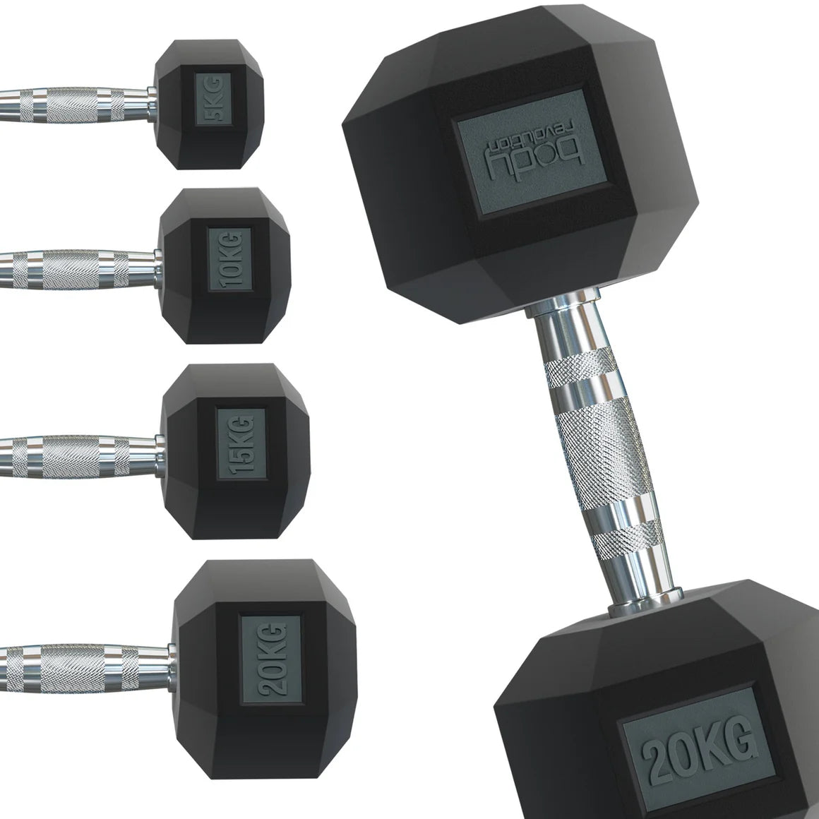 Schwarze Hex-Hanteln mit gummierter Oberfläche, in verschiedenen Gewichten von 5 kg bis 20 kg, mit rutschfestem Griff für sicheren Halt beim Training