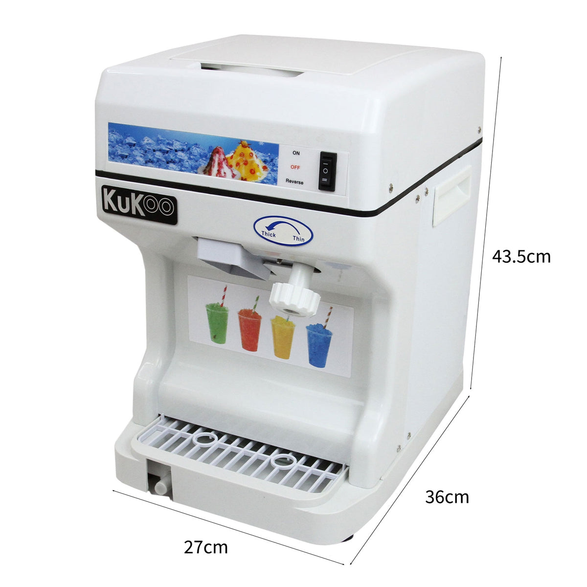 Weiße KuKoo Slush Eismaschine mit buntem Bedienfeld, drei Ausläufen für verschiedene Slush-Geschmäcker, kompakte Größe von 43,5 cm hoch und 27 cm breit