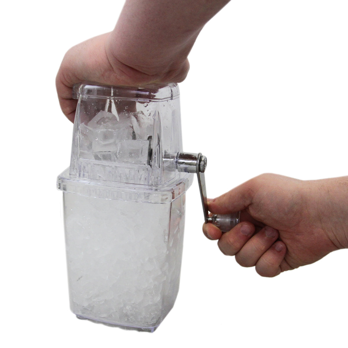 Hochwertige KuKoo Eismaschine mit transparentem Behälter, Handkurbel und Eiswürfeln, ideal für erfrischende Getränke und Partys