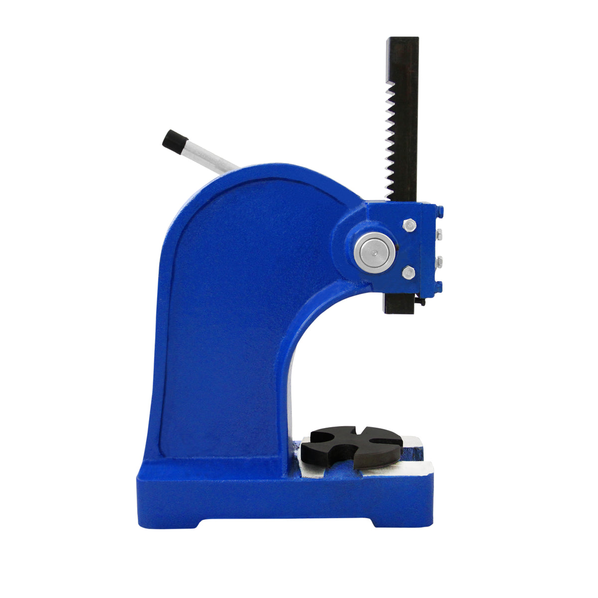 Die T-Mech Dornpresse in leuchtendem Blau, aus robustem Metall, zeigt eine kompakte Bauform mit präziser Zahnstange und stabiler Basis für optimale Nutzung