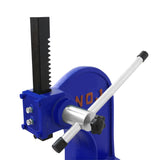 Robuste T-Mech Dornpresse in Blau mit verstellbarem Hebel und gezahnter Presse, ideal für präzises Arbeiten in der Metallbearbeitung