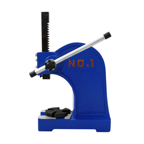 Die T-Mech Dornpresse in leuchtendem Blau mit einem stabilen Metallkörper, einer schwarzen Druckplatte und einem verstellbaren Hebel für präzise Anwendungen