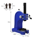 Robuste T-Mech Dornpresse in Blau mit verstellbarem Hebel, Metallbasis und zwei austauschbaren Dornaufsätzen in Braun, ideal für präzise Arbeiten