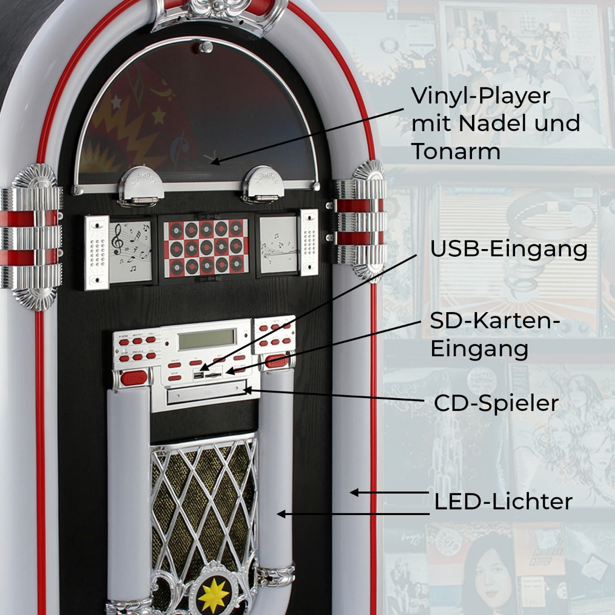 Retro Jukebox in glänzendem Schwarz und Rot, ausgestattet mit Vinyl-Player, USB- und SD-Karten-Eingang, CD-Spieler und LED-Lichtern