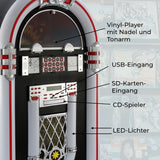Retro Jukebox in glänzendem Schwarz und Rot, ausgestattet mit Vinyl-Player, USB- und SD-Karten-Eingang, CD-Spieler und LED-Lichtern