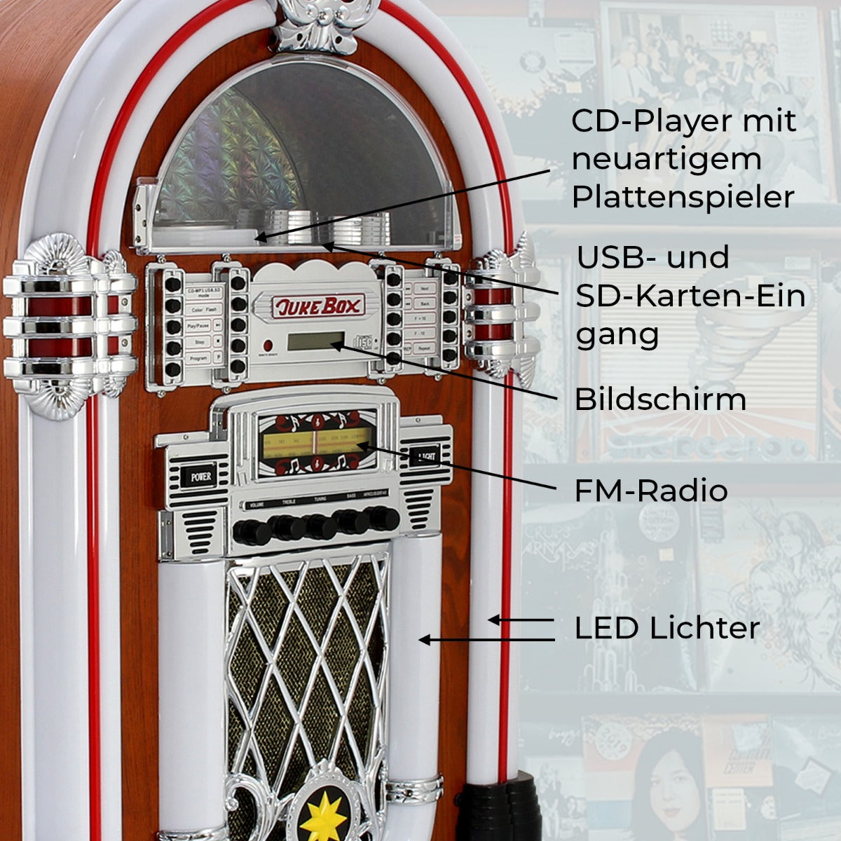 Retro 50er Jahre Jukebox in Holzoptik mit silbernen Details, CD-Player, USB-Anschluss, FM-Radio und bunten LED-Lichtern