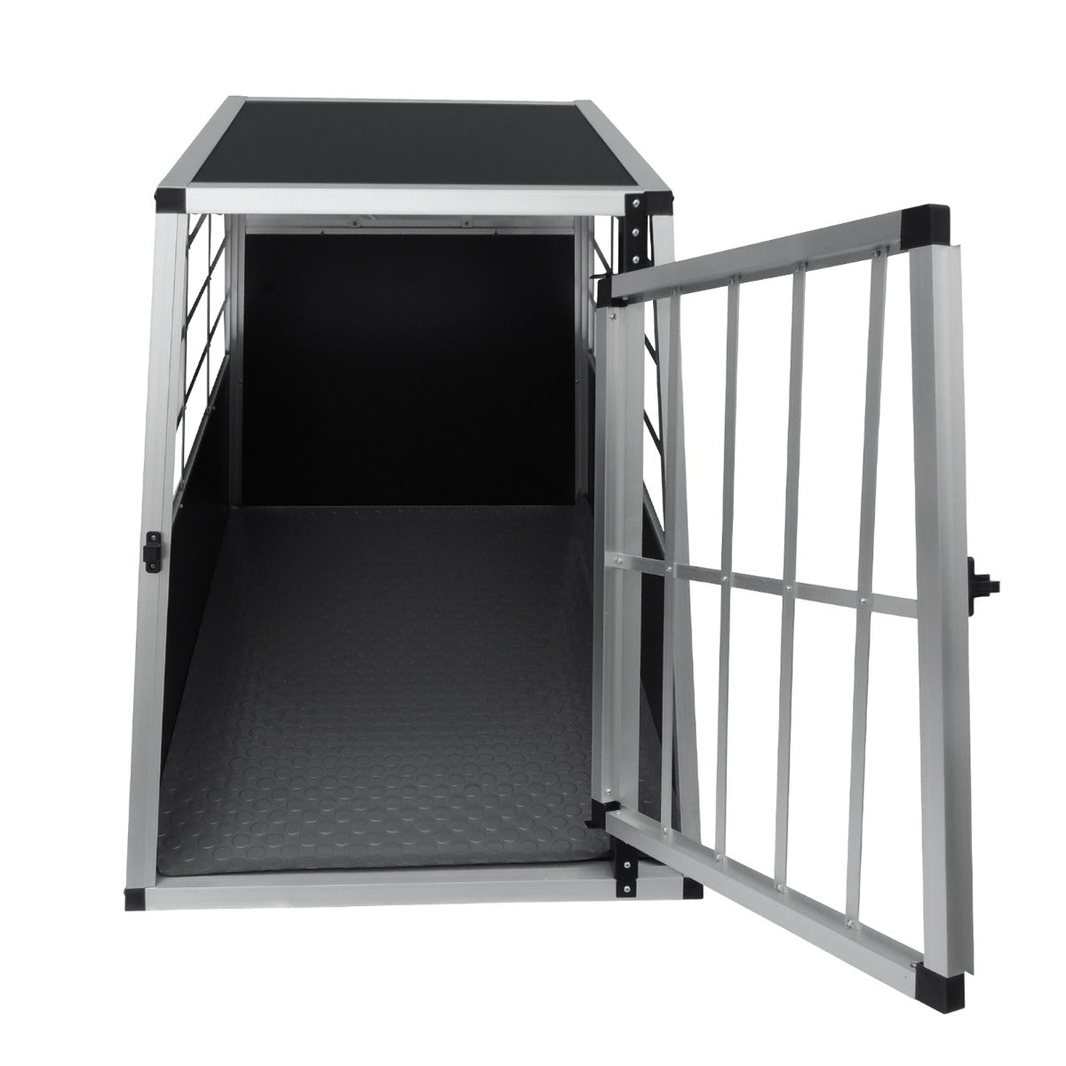 Große Hundetransportbox aus robustem Aluminium mit schwarzem Innenraum, rutschfester Boden und einer stabilen, verstellbaren Tür aus Metallgitter