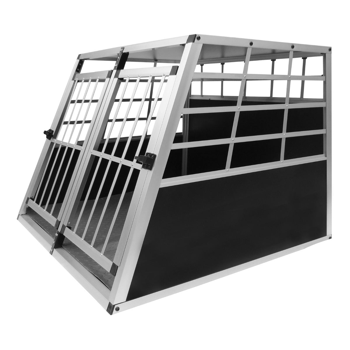 Große Hundetransportbox aus robustem Aluminium mit zwei Gittertüren, schwarzer Innenraum und stabiler Konstruktion für sicheren Transport von Hunden