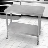 Robuster Edelstahl-Arbeitstisch mit den Maßen 76cm x 90cm x 86cm, glatte Oberfläche, zwei Ebenen und Rollen für einfache Mobilität