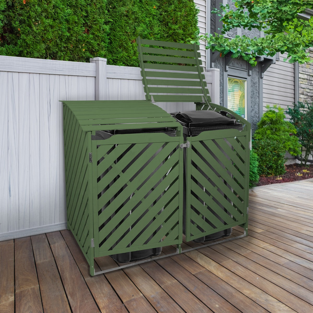 Mülltonnenbox aus salbeigrünem Holz mit zwei Fächern, gestreiftem Design und klappbarem Deckel, ideal für Gartenabfälle und Mülltrennung