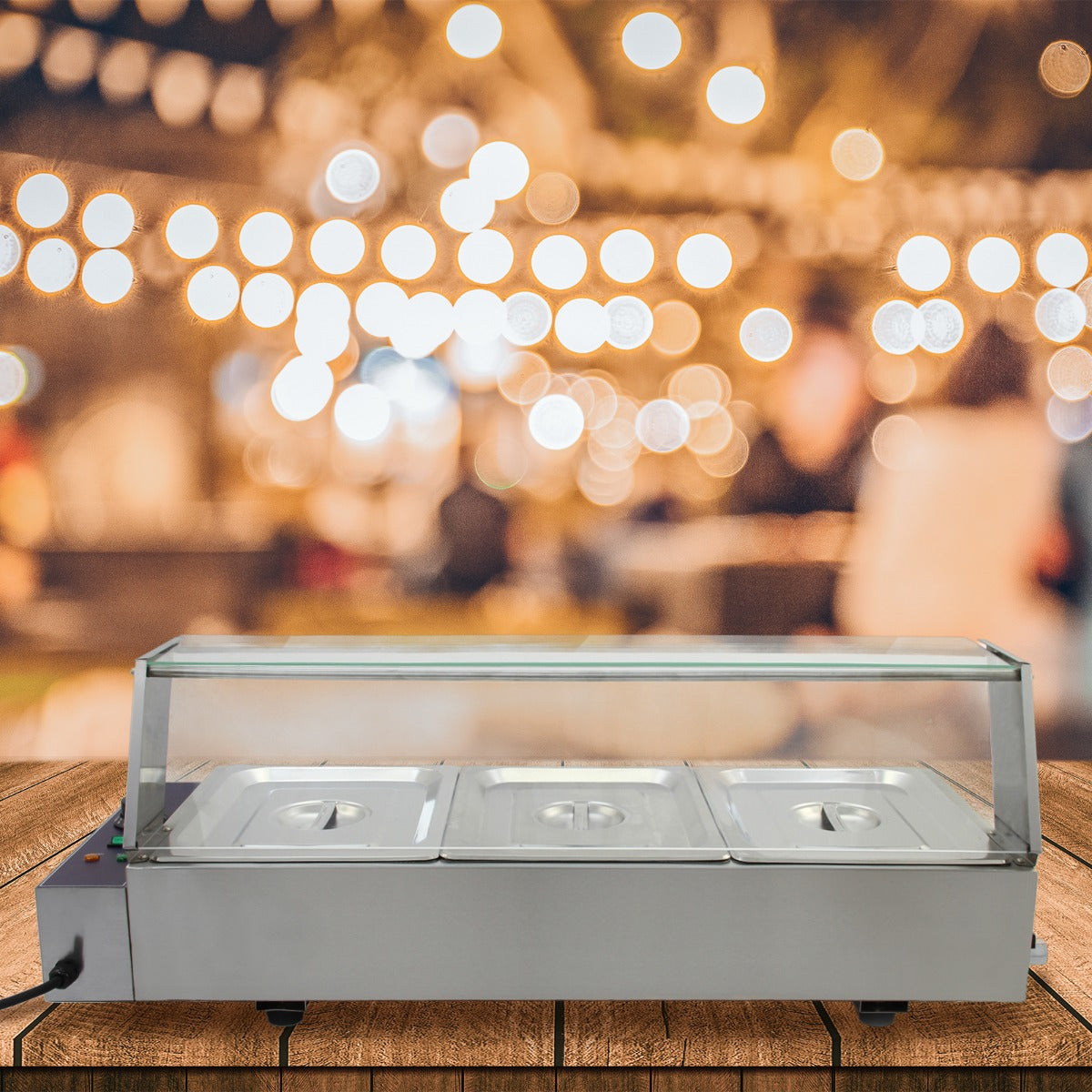 Elegante Kukoo Gastro 3 GN Bain Marie aus Edelstahl mit drei Behältern, transparentem Deckel und glatter Oberfläche, ideal für Buffets und Gastronomie