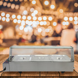 Elegante Kukoo Gastro 3 GN Bain Marie aus Edelstahl mit drei Behältern, transparentem Deckel und glatter Oberfläche, ideal für Buffets und Gastronomie