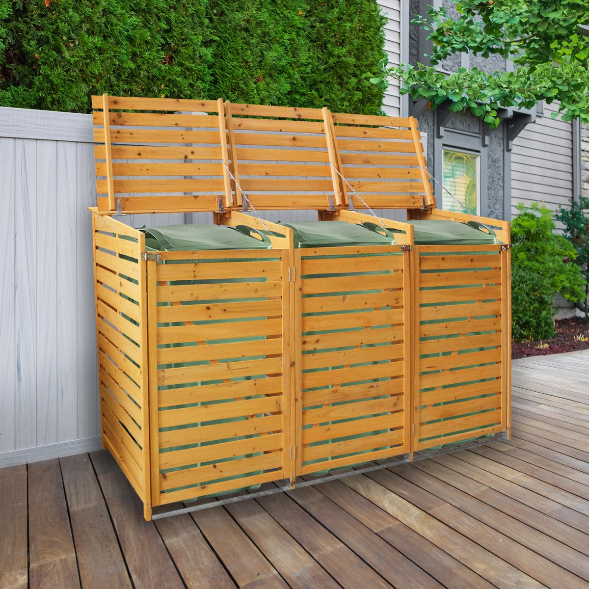 Mülltonnenverkleidung aus Holz für drei Tonnen, mit grünen Abdeckungen, gestreiftem Design und stabiler Bauweise, ideal für den Außenbereich