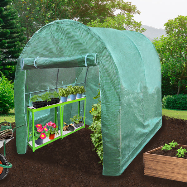 Polytunnel in leuchtendem Grün, 3m x 2m, mit stabilen Regalen für Pflanzen, umgeben von einem Garten mit Bäumen und Erde im Hintergrund