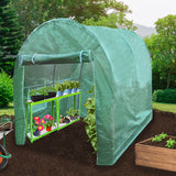 Polytunnel in leuchtendem Grün, 3m x 2m, mit stabilen Regalen für Pflanzen, umgeben von einem Garten mit Bäumen und Erde im Hintergrund