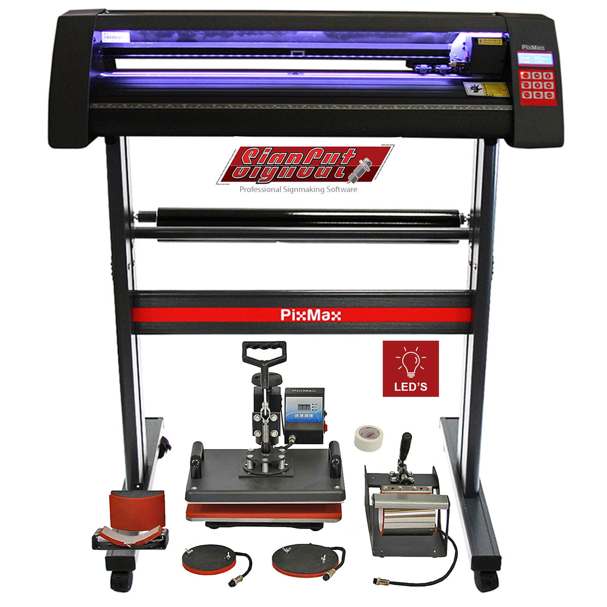 720mm LED Schneideplotter mit 5 in 1 Hitzepresse, schwarzem Metallrahmen, rotem Akzent und Zubehör für präzises Schneiden und Beschriften