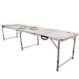 Bier Pong Tisch aus leichtem Aluminium, mit weißer Oberfläche und bunten Spielfeldern, klappbar für einfache Lagerung und Transport