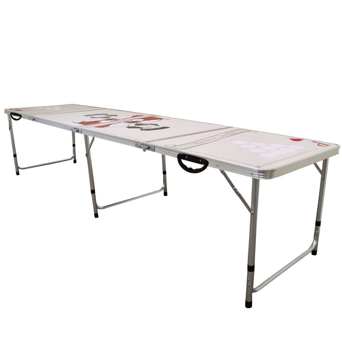 Bier Pong Tisch aus leichtem Aluminium, mit weißer Oberfläche und bunten Spielfeldern, klappbar für einfache Lagerung und Transport