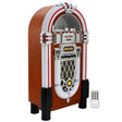 Retro 50er Jahre Jukebox in Holzoptik mit glänzenden Chromdetails, bunten Lichtern und Fernbedienung für nostalgisches Musikvergnügen
